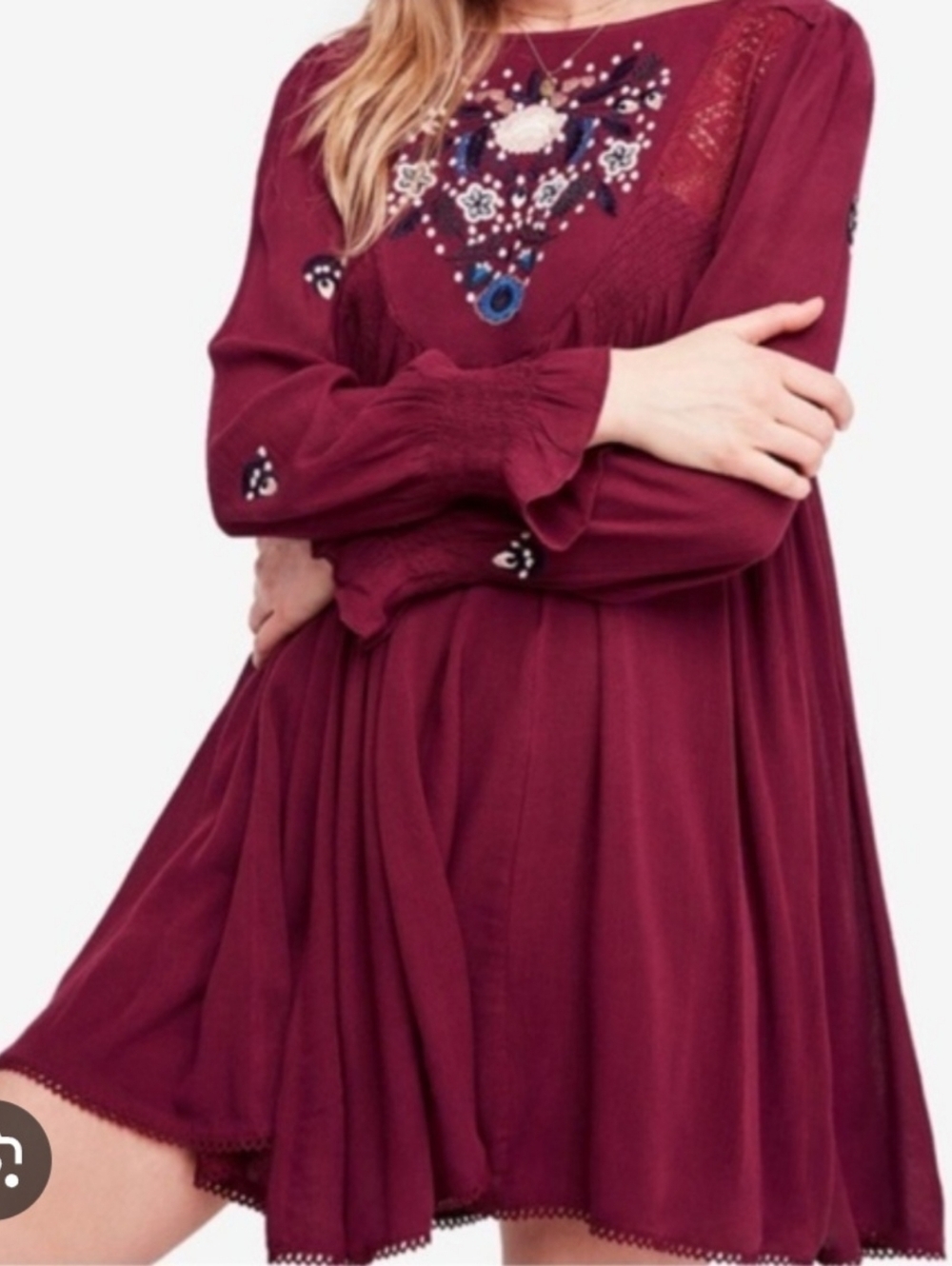Free People Mohave Embroidered Crochet Mini Dress Red Purple Boho Oversized S